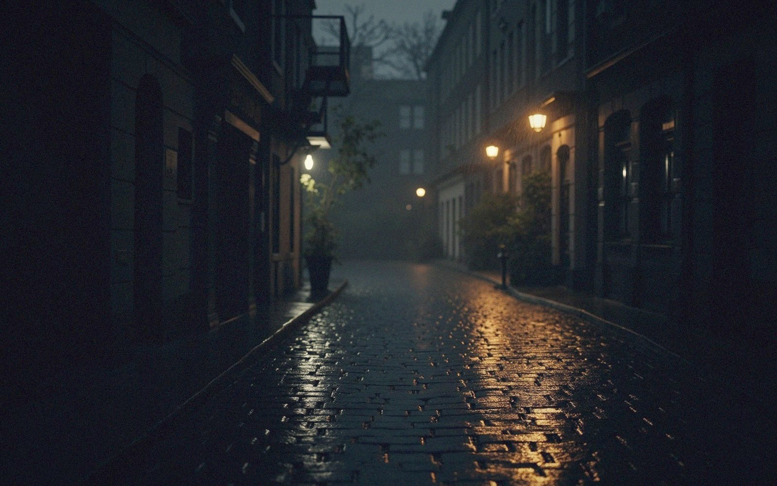 Rain on cobblestones at night lit by a lantern